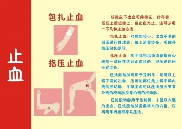 猛急,呈喷射状,需要就地止血,一般在受伤动脉的近心端,采用指压止血法