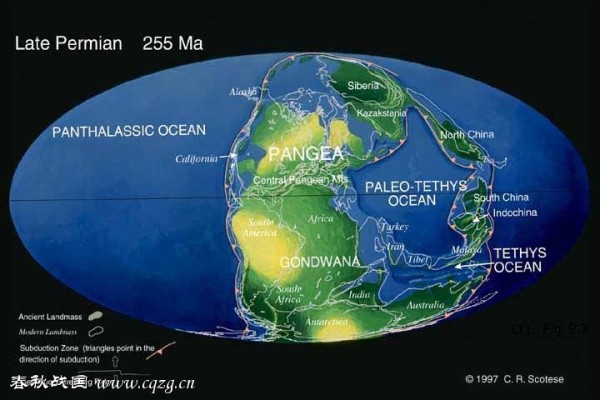 在二叠世时期,巨大的沙漠覆盖了盘古大陆(pangea)的西半部,同时爬虫类