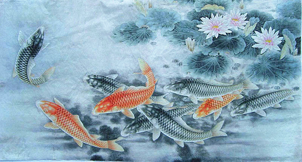 名家工笔鲤鱼作品