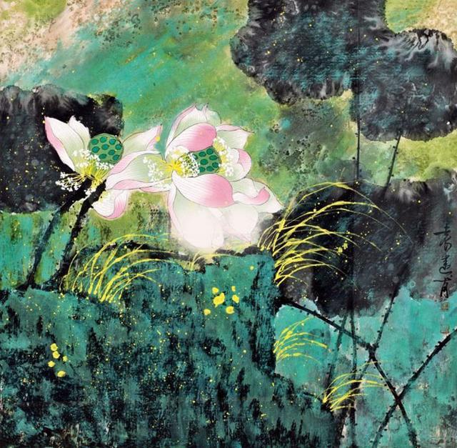 袁运甫彩墨荷花作品