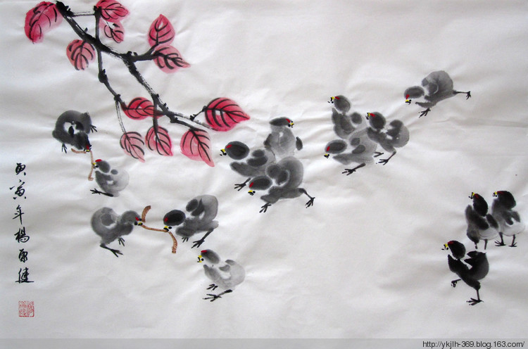 杨康健画 水墨小鸡
