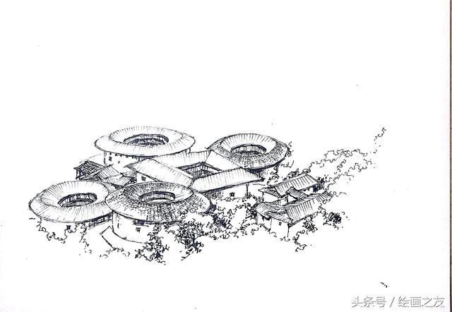 零基础学绘画——钢笔风景速写:客家围楼(详细步骤)