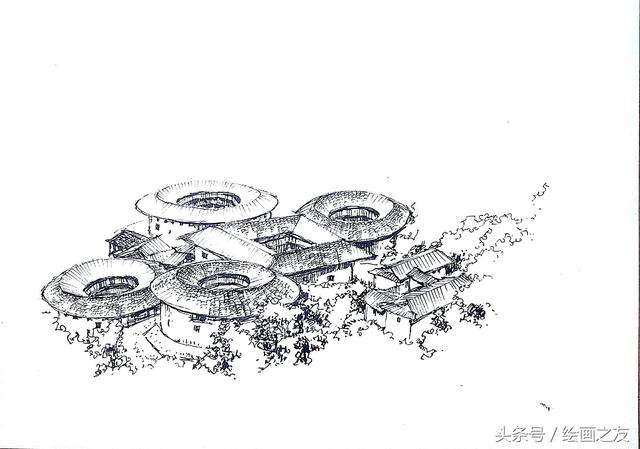 零基础学绘画—钢笔风景速写:客家围楼(详细步骤)