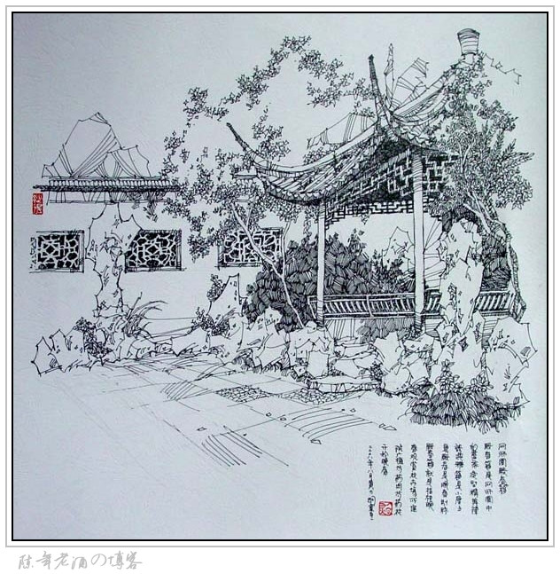 钢笔画 - 江南园林.