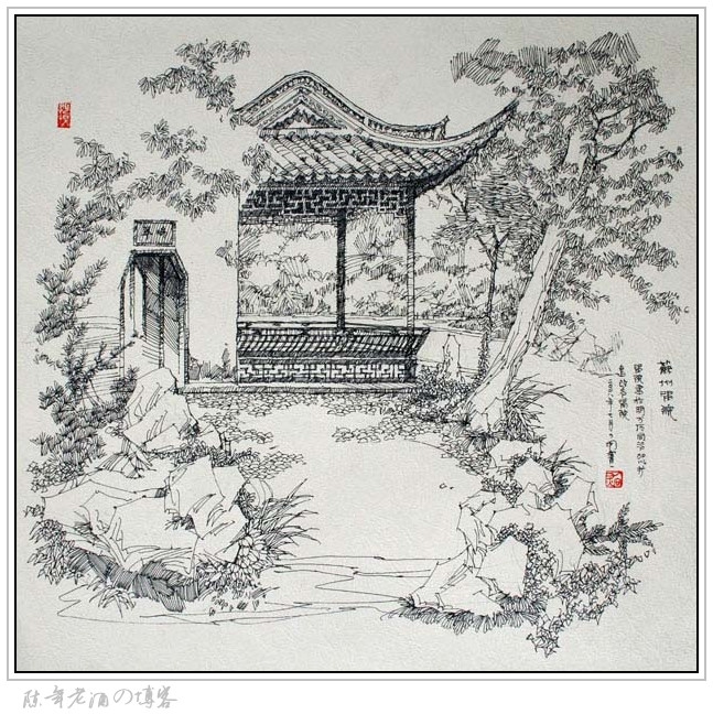 钢笔画 - 江南园林.