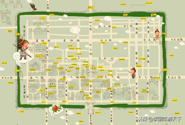 西安古城手绘地图德福巷汇聚了几十家酒吧,茶馆和咖啡馆.