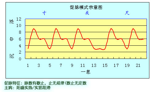 主病:阴盛气结(血瘀,痰闭,食阻,寒凝(6)促脉特征:脉数有歇止,止无