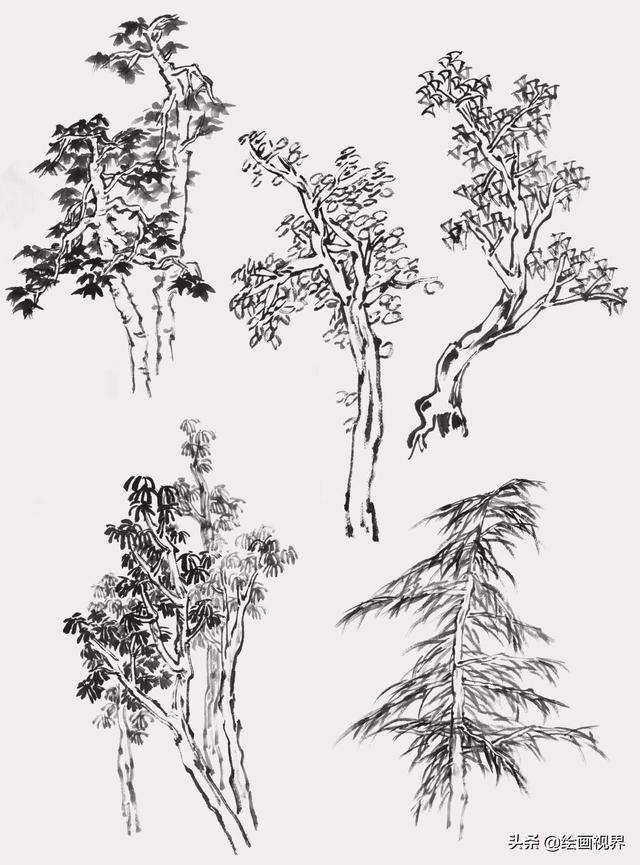 国画中云树的十种画法,学会这些,几分钟画一副山水画