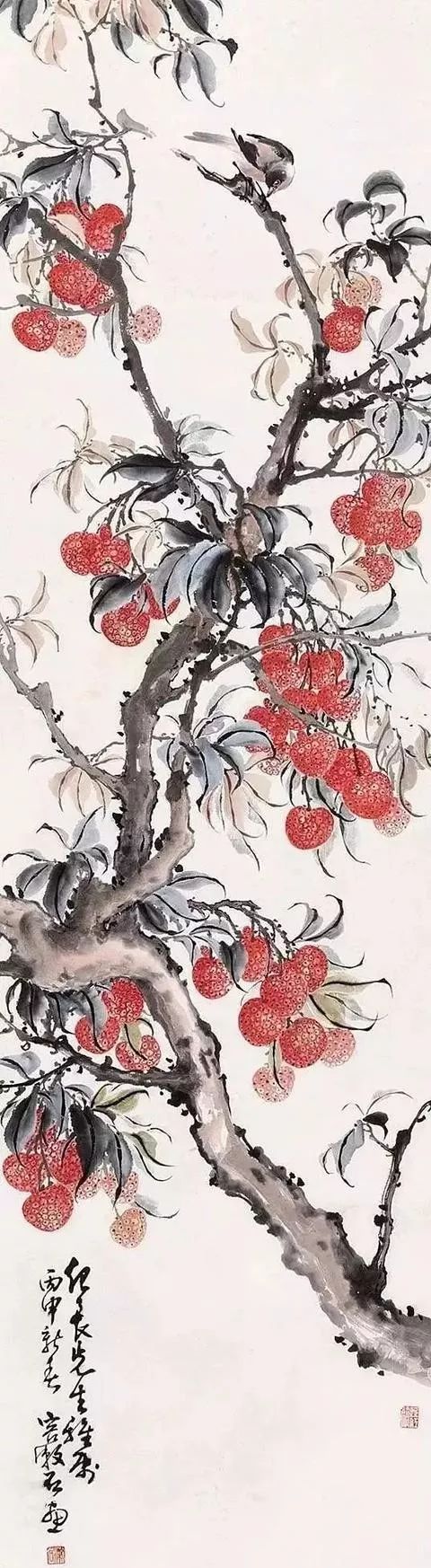 王个簃《石榴图》 11,荔枝——大吉大利 荔枝的"荔"谐音"利", 寓意利