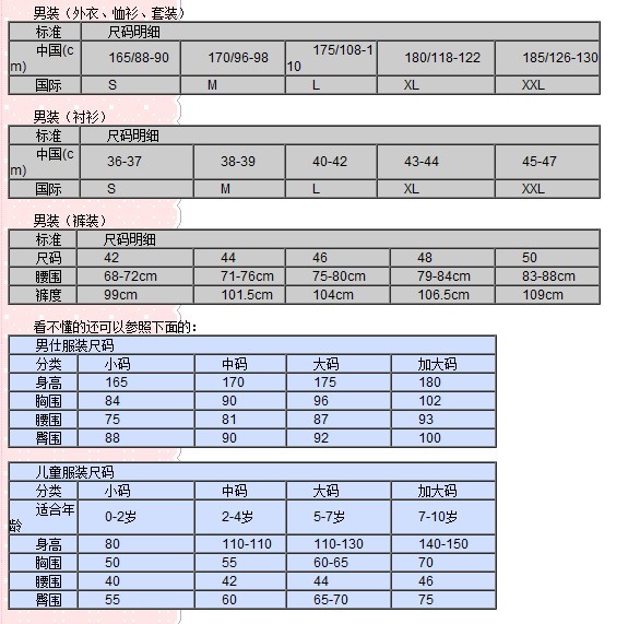 腰围换算身高尺寸对照表