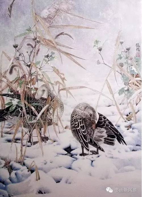 一组漂亮的雪景工笔花鸟画