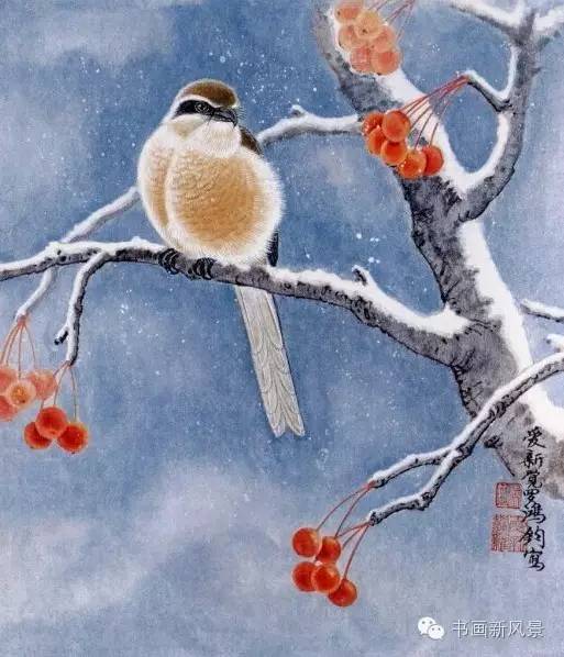 一组漂亮的雪景工笔花鸟画