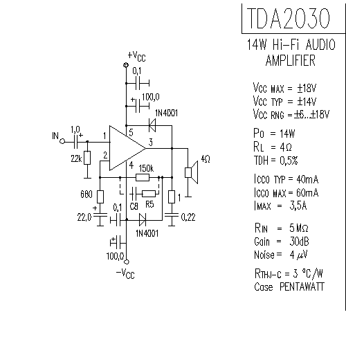 =1khz,rl=4Ω,vs=39v 可达44w图四 正负电源 tda2030 接成btl功放电路