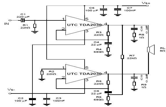 tda2030功放电路图电压±6-18v功率14w喇叭4欧 带音调板