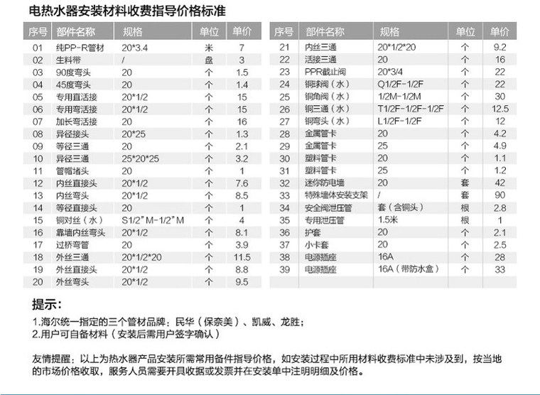 海尔电器安装收费标准