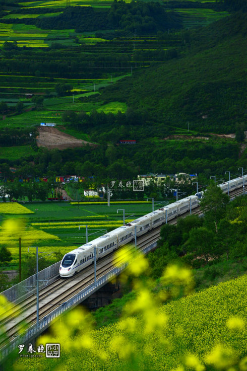在门源达坂山的陡峭山崖上,俯瞰动车驶过大通河.身后便是达坂山隧道群