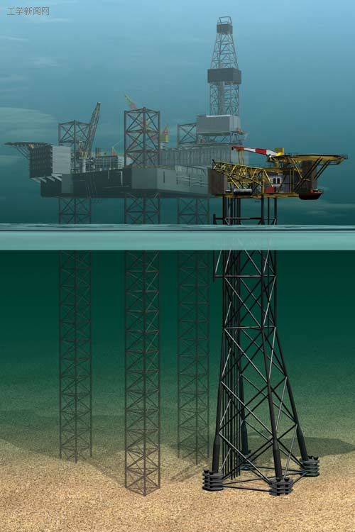 牵索塔式钻井平台得名于它支撑平台的结构如一桁架式的塔,该塔用对称