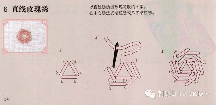 以上几种针法以直线段为主,都比较简单,但要注意保持针脚均匀整齐,布