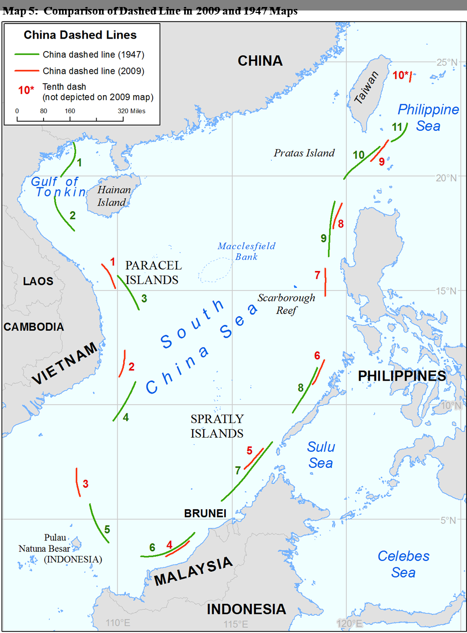 《南海诸岛位置图》中,以未定国界线标绘了一条由11段断续线组成的