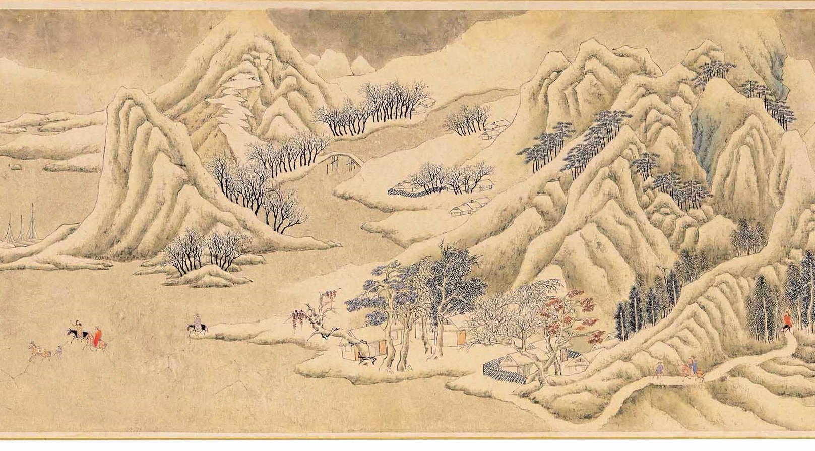 文徵明《关山积雪图》卷局部,雪满山中,跋涉行旅,万籁俱静,一尘无染