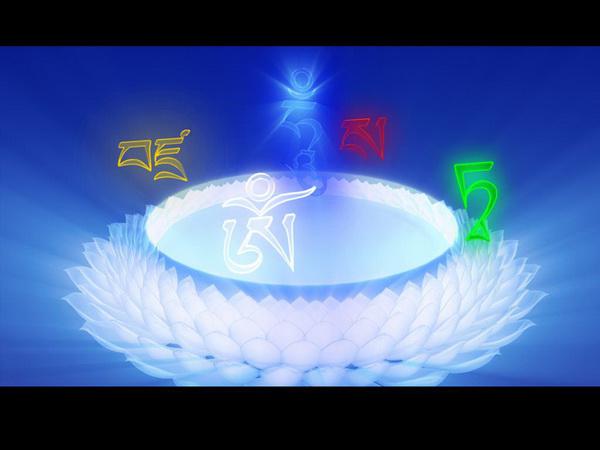 虚空中,云雾缭绕或者白云飘荡,观想出一朵白莲花,莲花上有一月轮坐垫