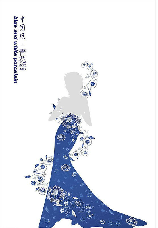 音画素材青花瓷人物花纹背景素材