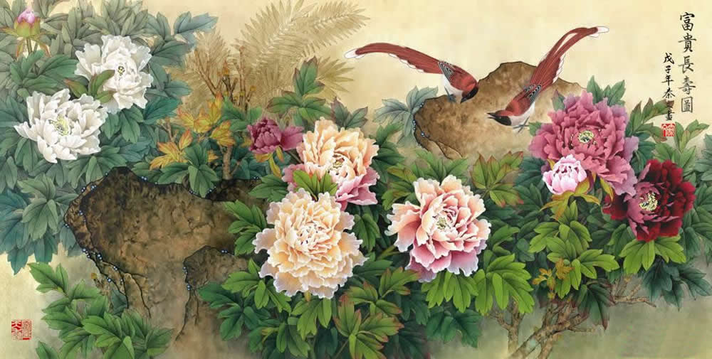 国画秦文的工笔画吉祥牡丹系列