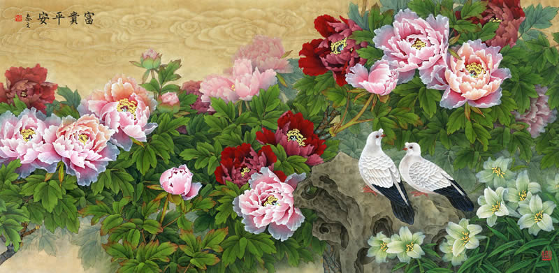 国画秦文的工笔画吉祥牡丹系列