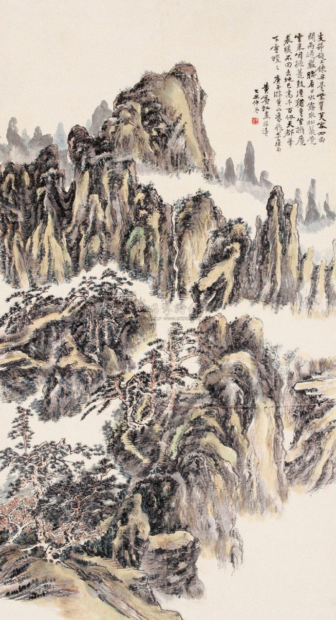 《黄山汤口》作于1955年,是黄宾虹绘画生涯中的一幅绝笔精品.