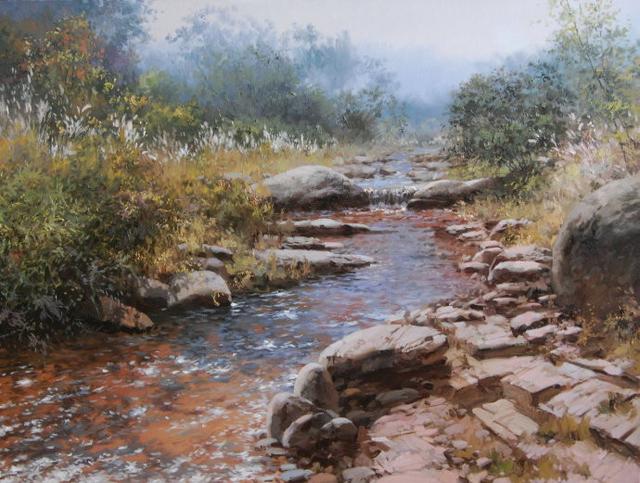 磊磊涧中石谢中才风景油画