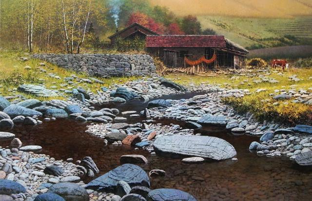 磊磊涧中石谢中才风景油画