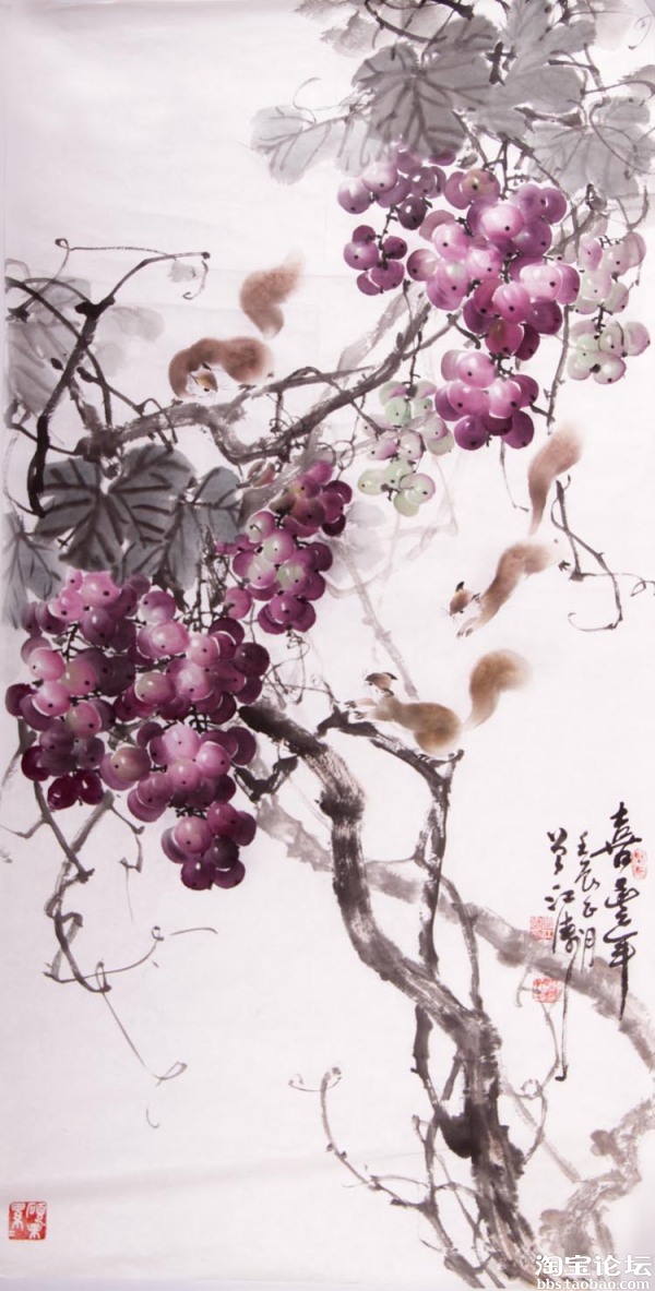 著名画家曾江涛葡萄松鼠中国画花鸟画欣赏