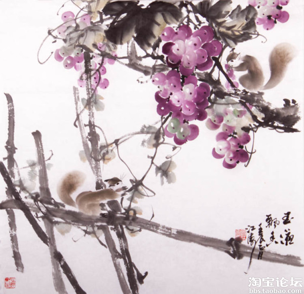 著名画家曾江涛葡萄松鼠中国画花鸟画欣赏