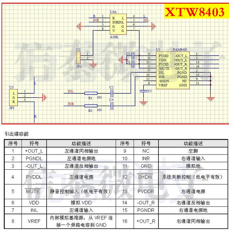 pam8403/cs8403小功率3w双声道d类音频功放【耳机】电路图