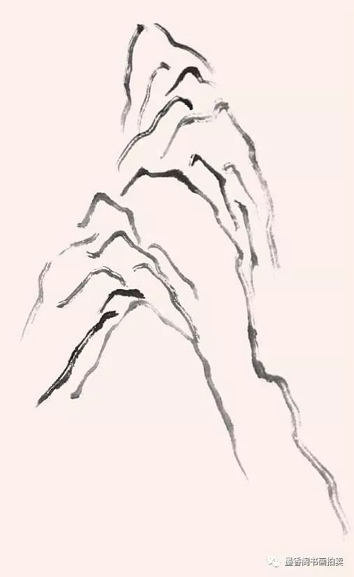 画山先定轮廓,线条蜿蜒,互相呼应,既伸展又曲折,达到山形大小虽异,但