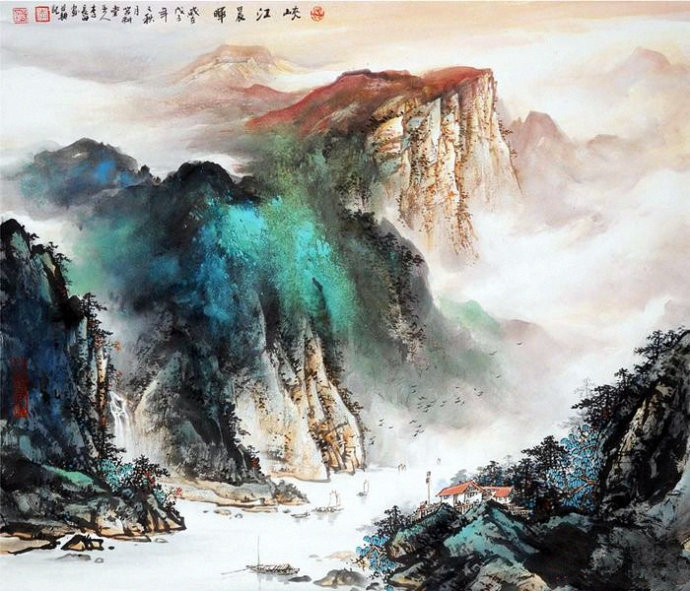 川江金晖李长田泼彩山水画