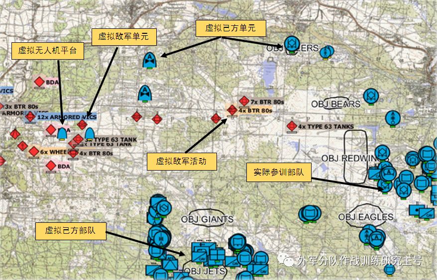 图2 lvc集成训练环境中生成的态势图虚实环境精确匹配模拟训练阶段
