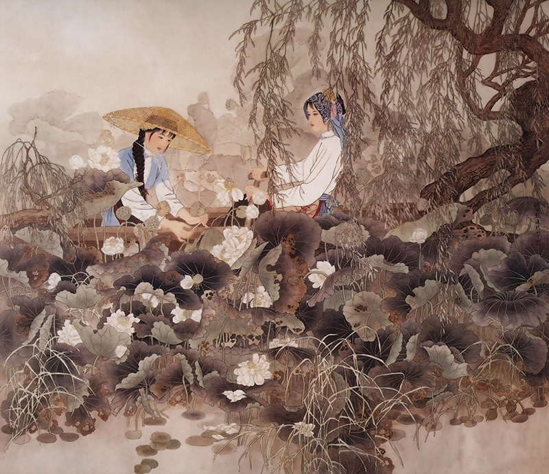 国画彭连熙的工笔画爱莲人系列