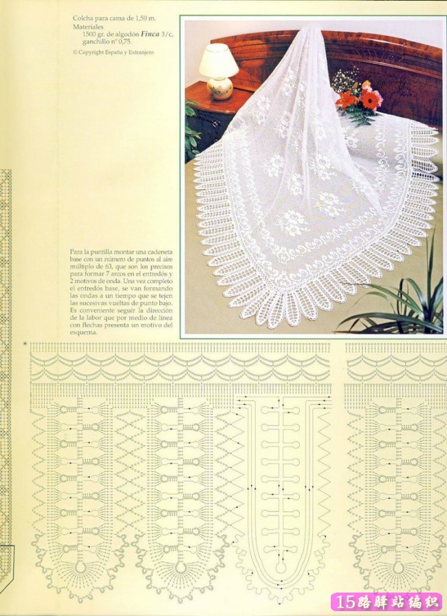 一批精美的网格钩针床罩图案图解|钩针花样图解