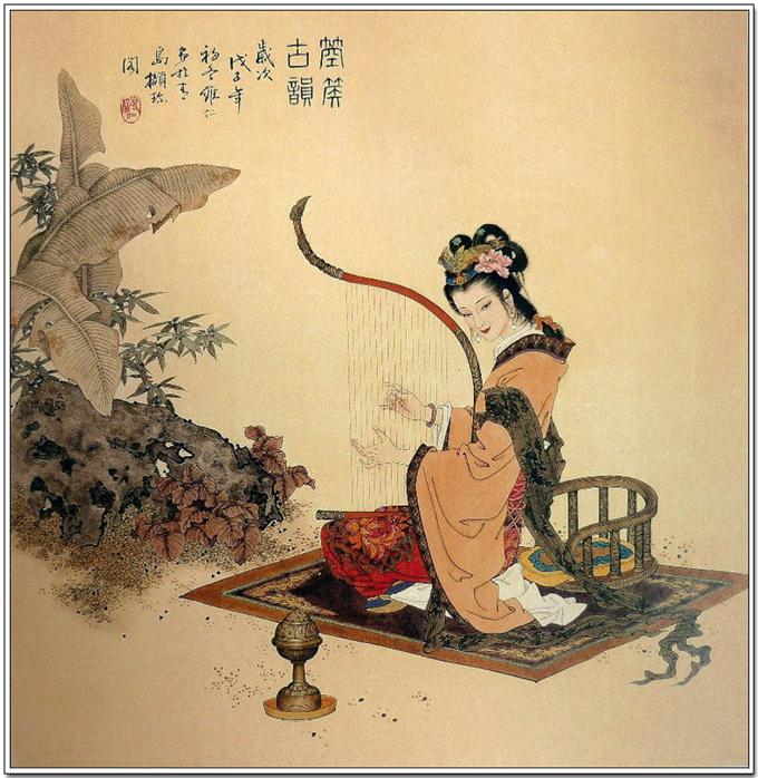 书画欣赏箜篌古韵工笔美人名画欣赏