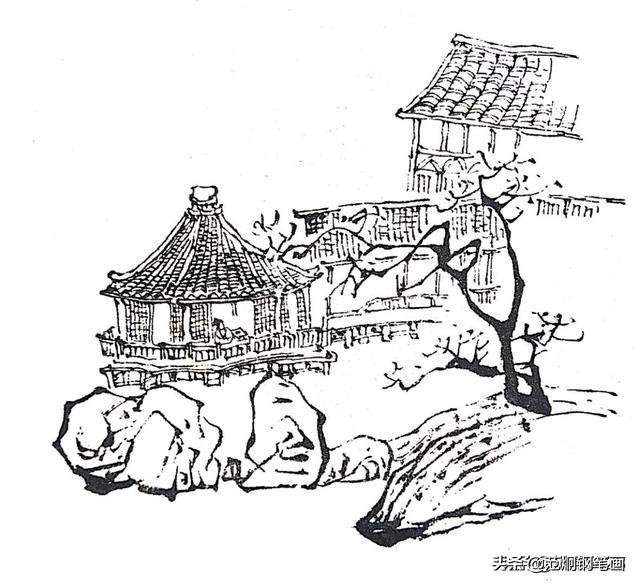 国画工笔白描手绘建筑表现及其山的表现才有手绘的线条手法