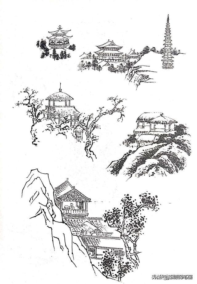 国画工笔白描手绘建筑表现及其山的表现才有手绘的线条手法