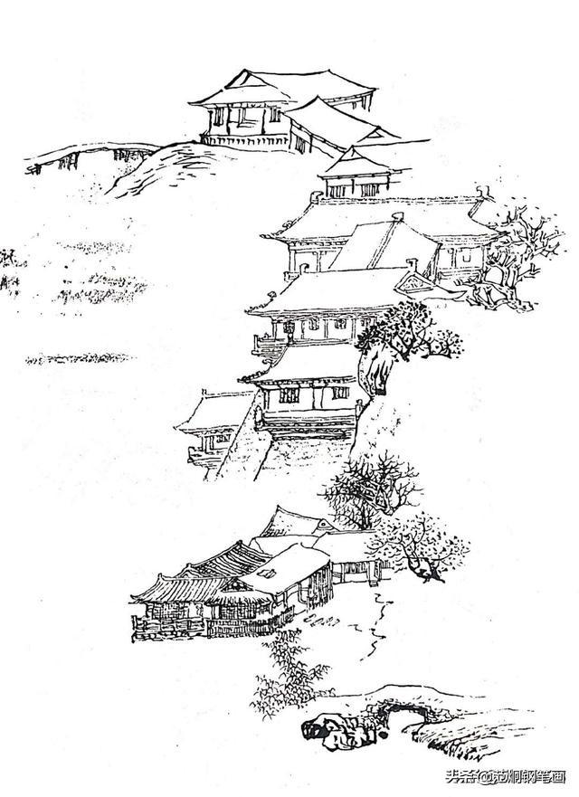 国画工笔白描手绘建筑表现及其山的表现才有手绘的线条手法