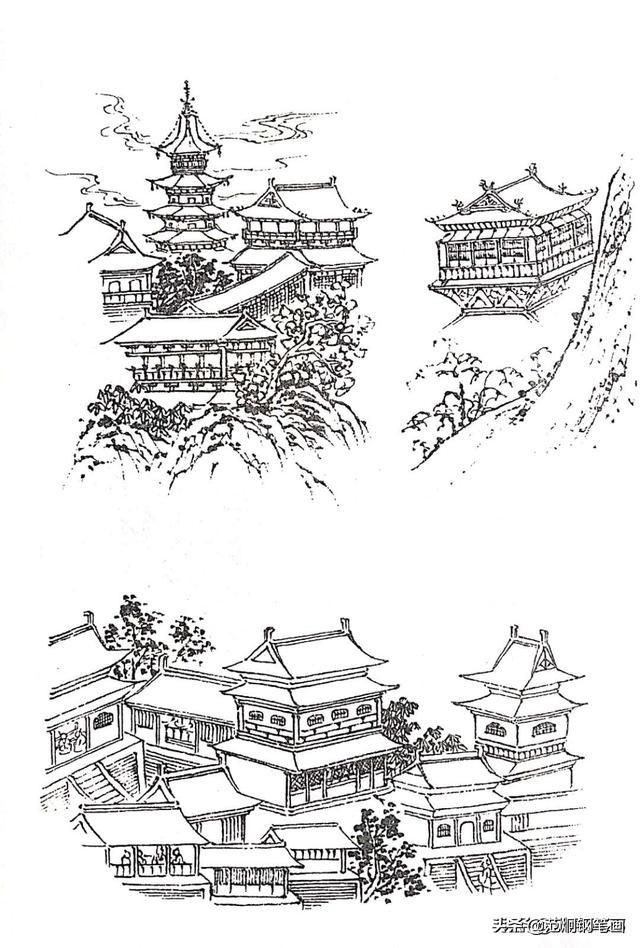 国画工笔白描手绘建筑表现及其山的表现才有手绘的线条手法