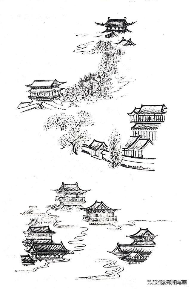 国画工笔白描手绘建筑表现及其山的表现才有手绘的线条手法