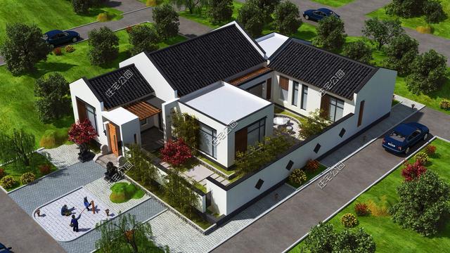 四合院占地较大,卧室多,适合几兄弟一起建,而这样的新中式小院,就非常