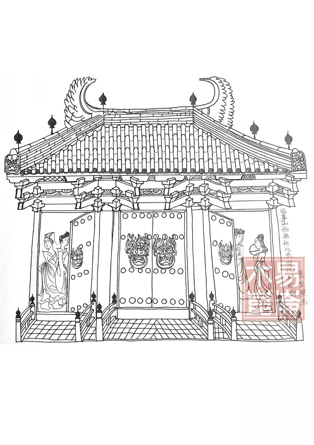 屋顶凤凰祥瑞屋顶,鸱尾,和斗拱的描绘墓室壁画绘制了一座木构建筑