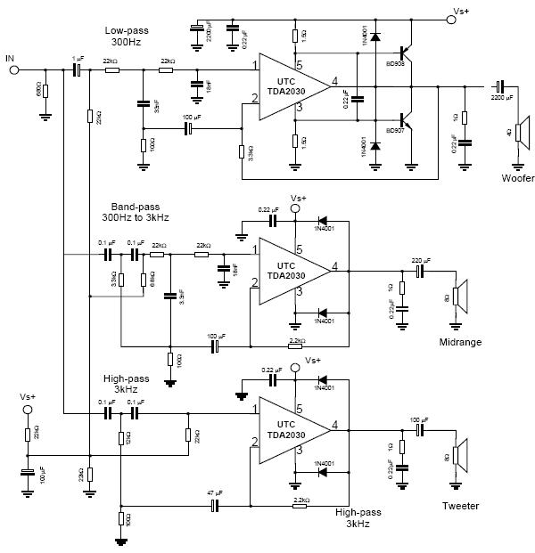 tda2030功放電路圖電壓618v功率14w喇叭4歐帶音調板