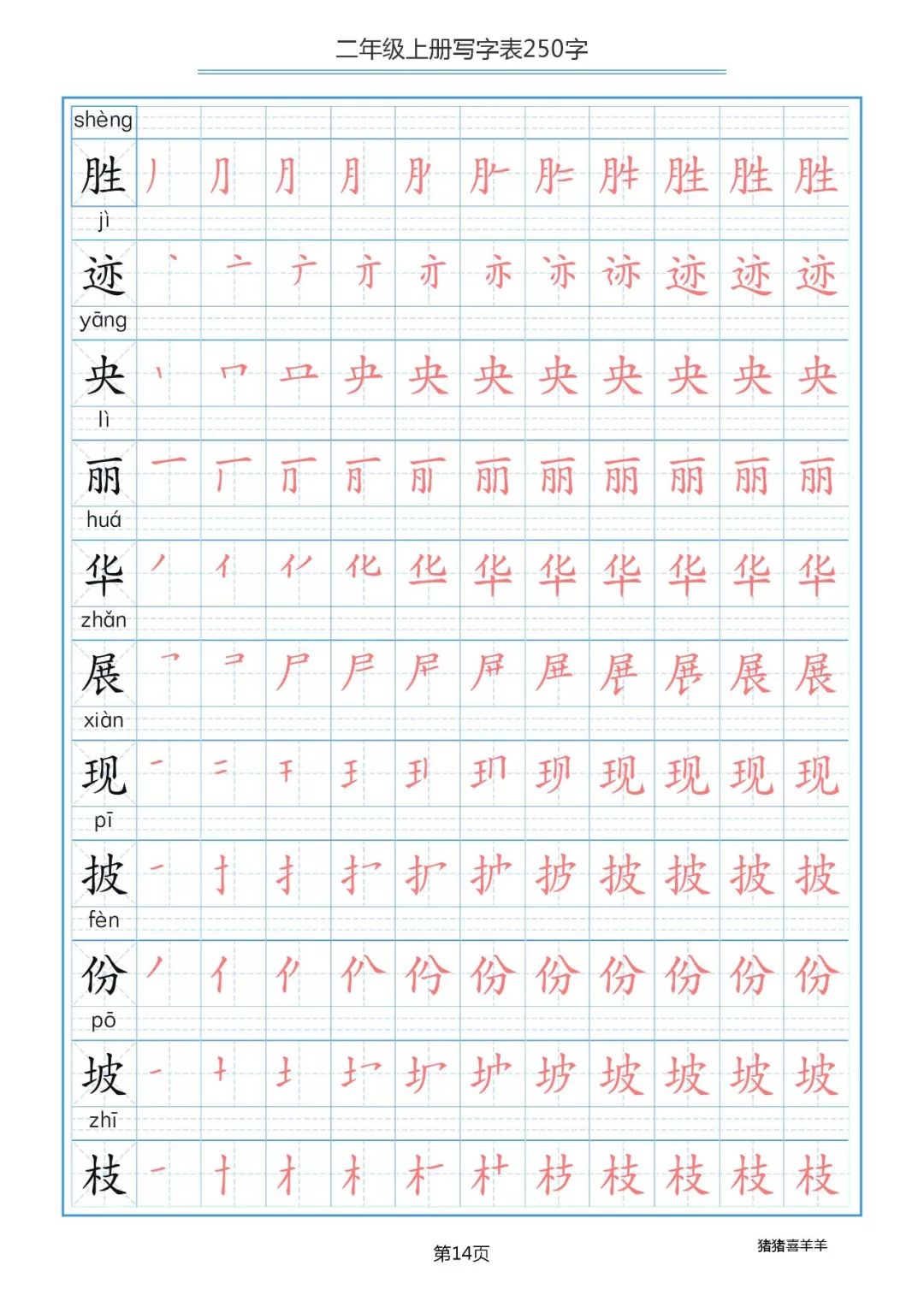 部編版二年級語文(上冊)生字表全250字筆順練習