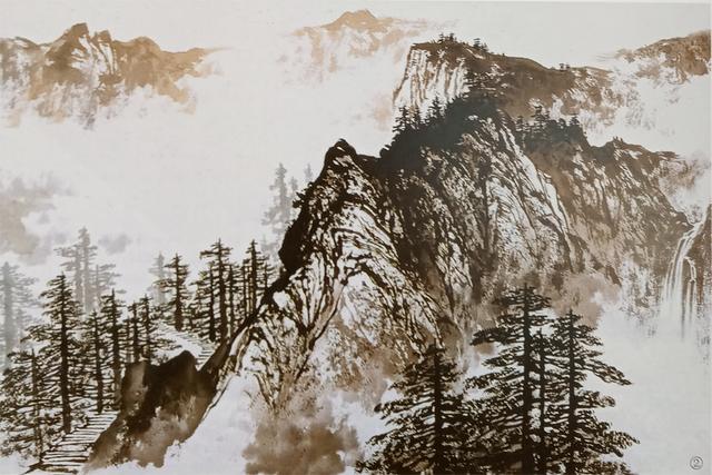 步骤二:山势画出后,在画面最端加画几棵笔直的杉树,画树干时注意疏密
